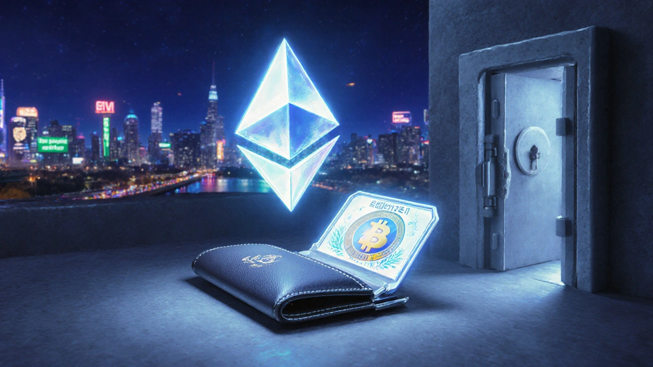 Ethereum‑Edelstein, Hardware‑Wallet und schwebendes NFT‑Token nach dem Kauf.