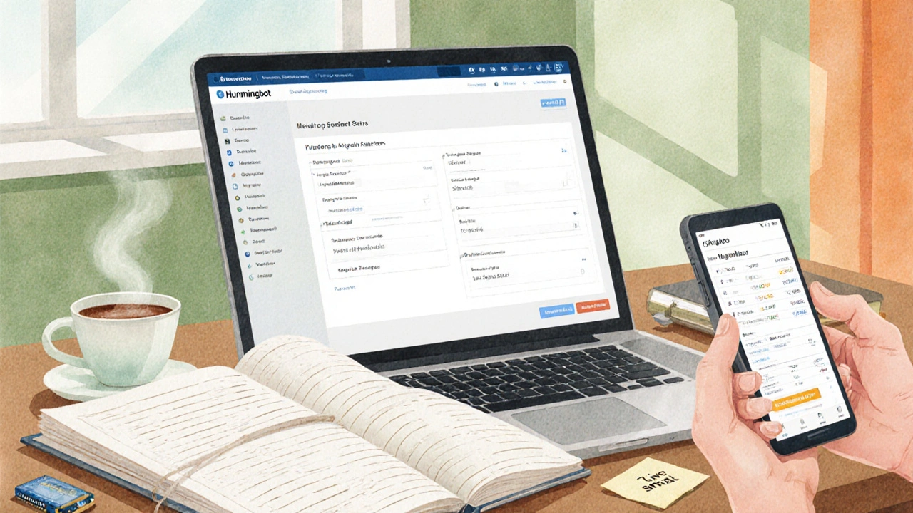 Heim‑Arbeitsplatz mit Laptop‑Hummingbot‑UI, Logbuch, Kaffeetasse und Preis‑Aggregator auf Handy.