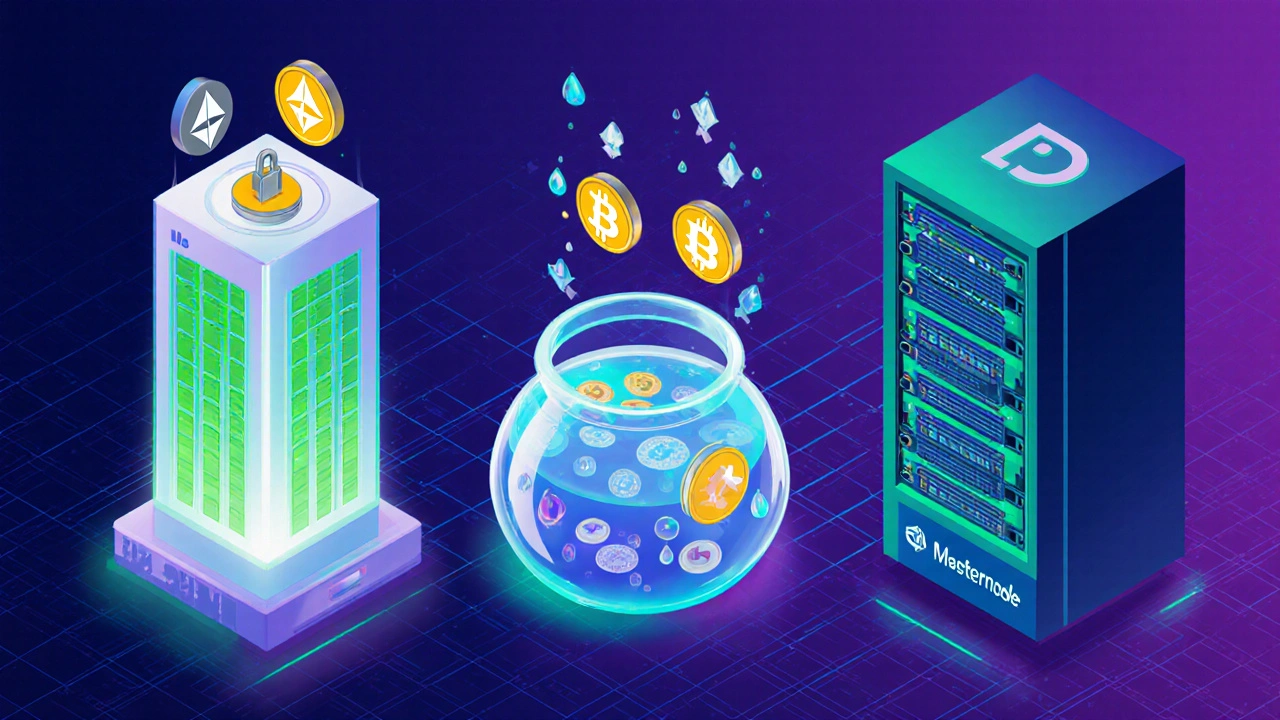 Isometrische Darstellung von Staking‑Tower, Liquidity‑Pool und Masternode‑Server.
