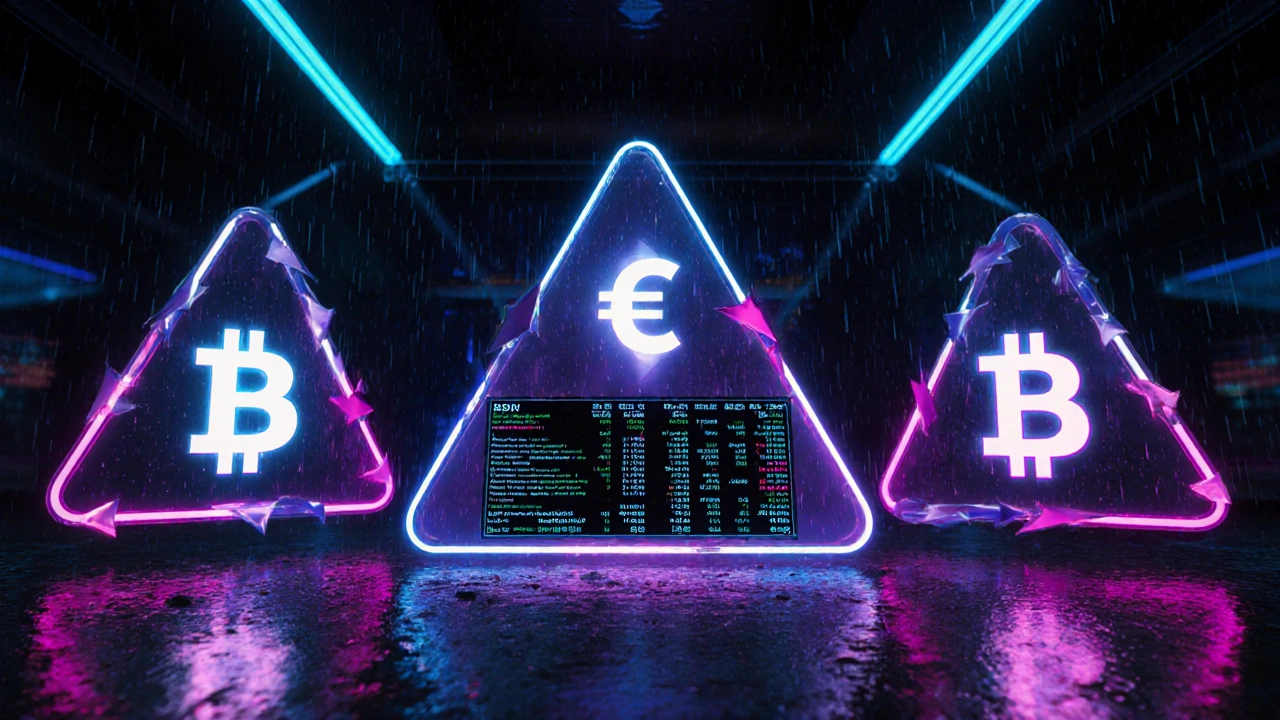 Neon‑Hintergrund zeigt Dreieck aus drei Krypto‑Handelspaaren mit Pfeilen für Triangular Arbitrage.