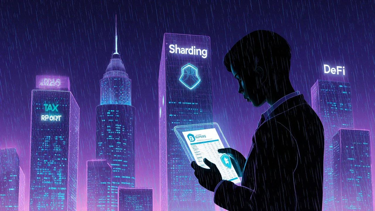 Silhouette prüft Hologramm‑Steuer‑ und Sicherheitsdaten vor leuchtender Stadt.