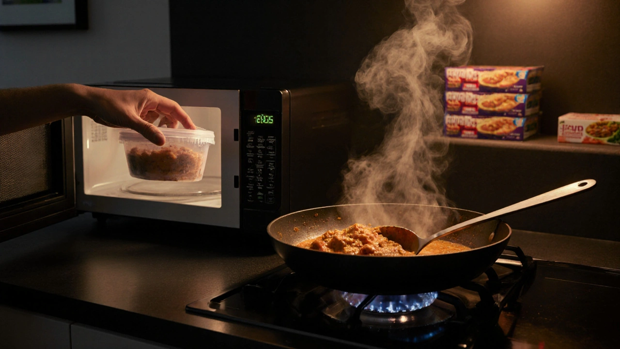 Abendküche: Gefrorenes Essen wird in Mikrowelle und Pfanne aufgewärmt.