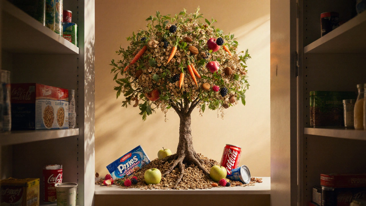 Baum wächst aus gesunden Lebensmitteln, verarbeitete Lebensmittel liegen daneben