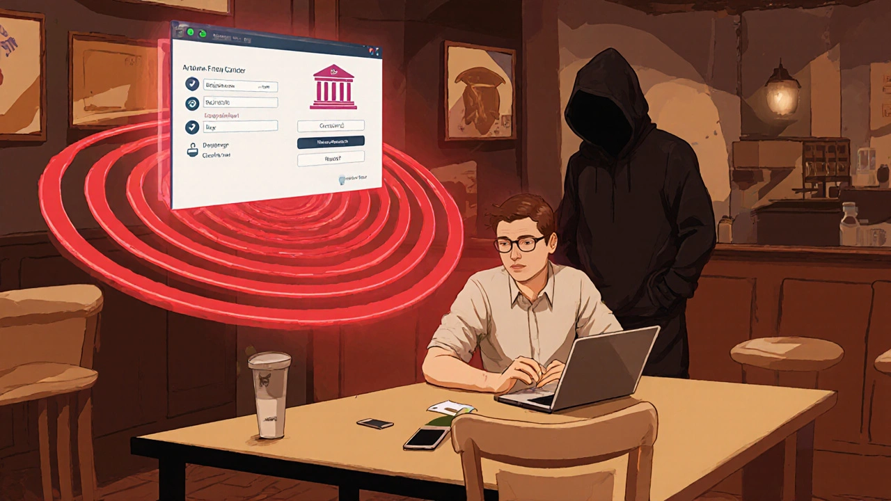 Café‑Szene, Handy mit gefälschter Bank‑Login, Hacker beobachtet Datenverkehr.