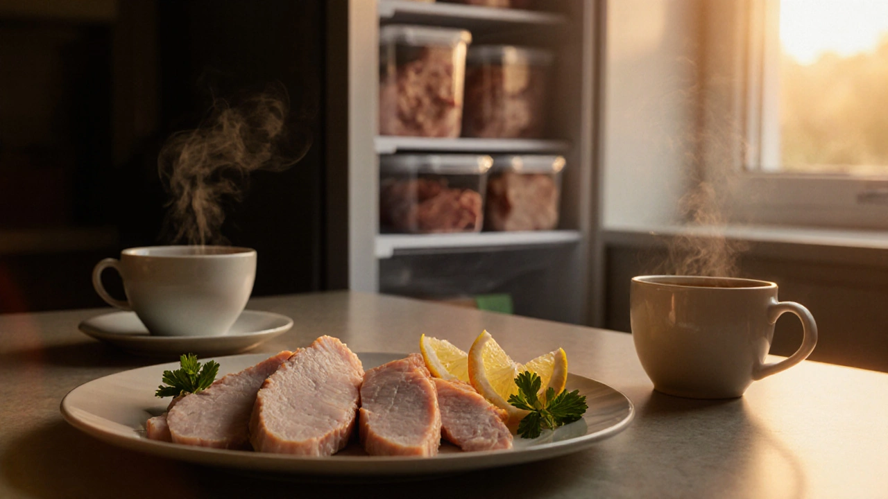 Ein Teller mit Putenbrustscheiben, frischen Kräutern und einer dampfenden Tasse Kaffee als ideale gesunde Wahl.