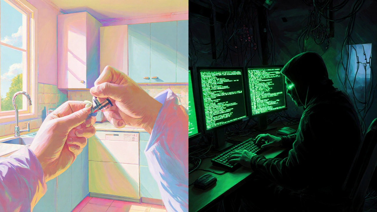 Geteiltes Bild: Küche mit Life Hack links, dunkles Hacker‑Setup rechts.