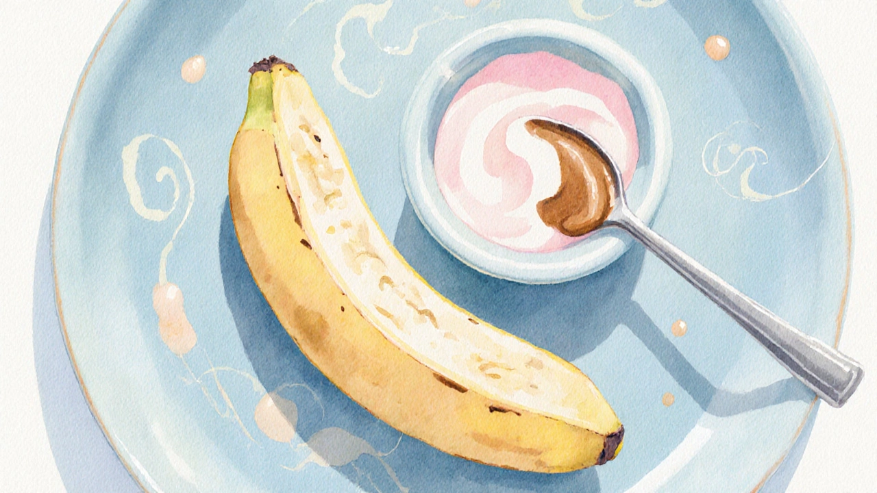 Halbe Banane neben Joghurt und Erdnussbutter, pastelfarbene Aquarellzeichnung.