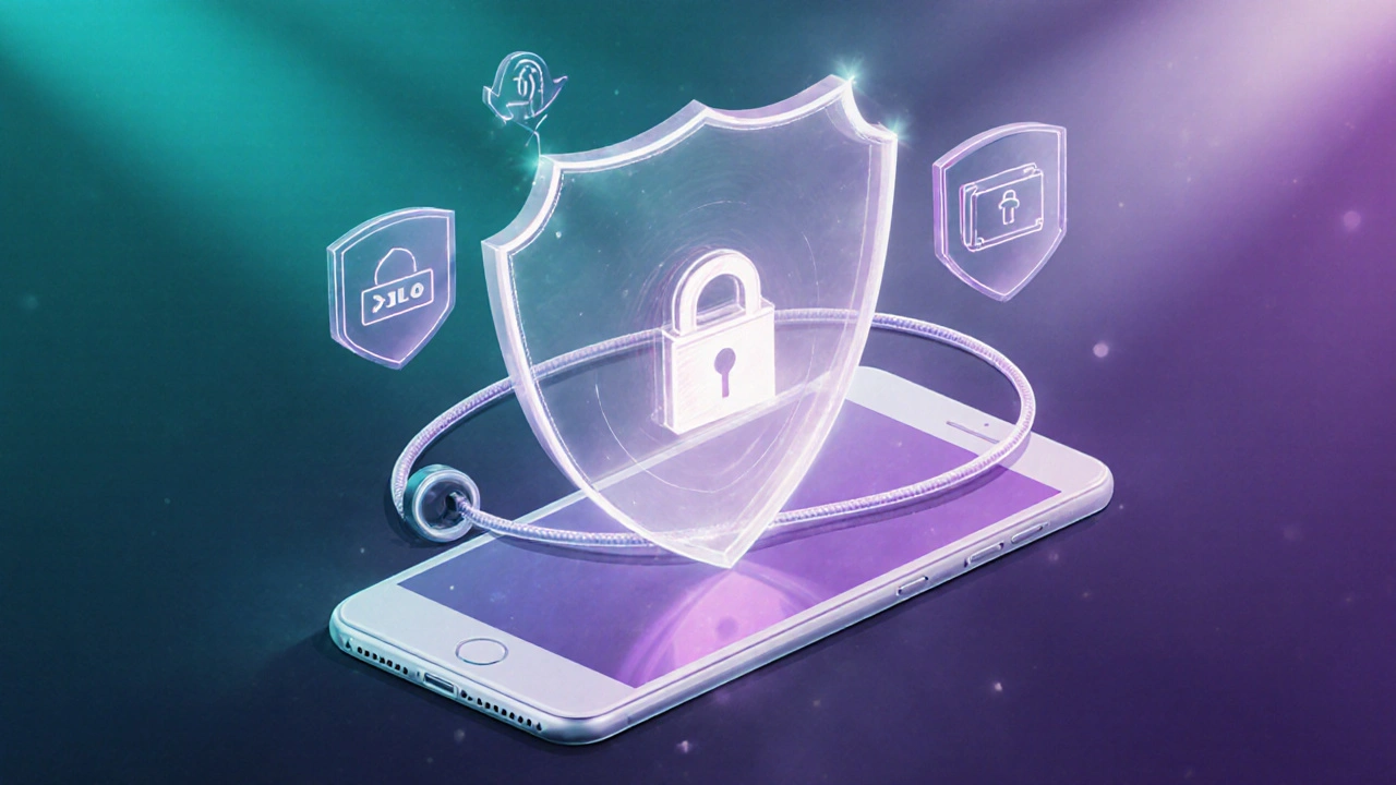 Handy im schützenden Schild, umgeben von Sicherheits‑Symbolen und VPN‑Tunnel.