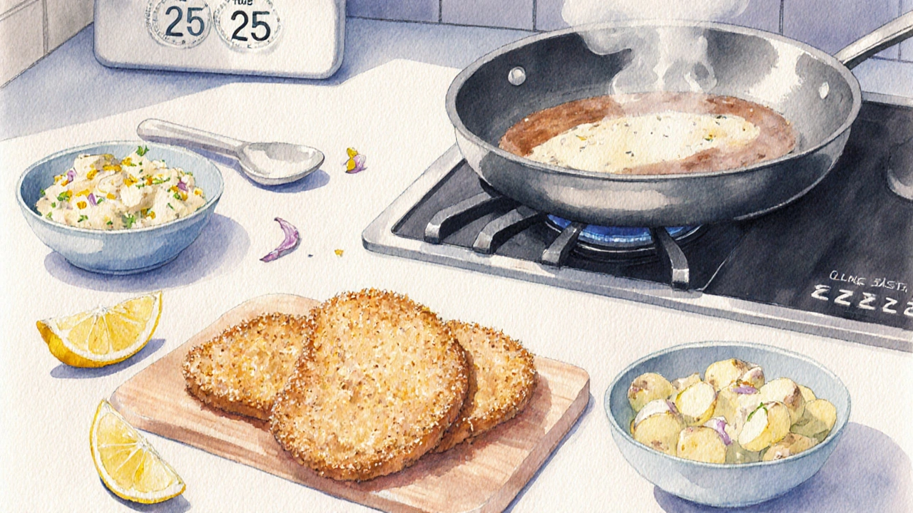 Küche mit bratenem Schnitzel, Kartoffelsalat und frischen Beilagen, bereit zum Servieren.