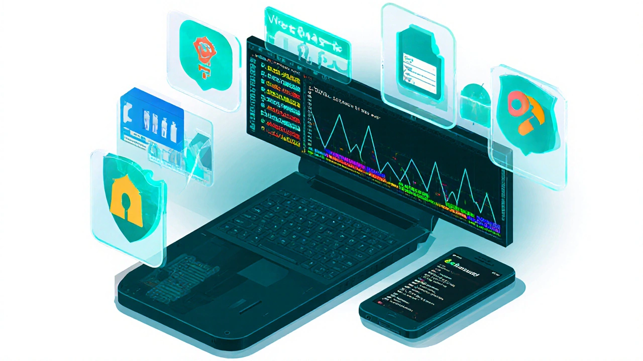 Laptop zeigt Netzwerk‑Traffic‑Diagramm, während ein Smartphone daneben liegt.