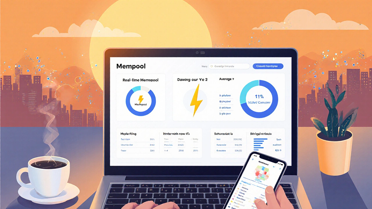 Nutzer beobachtet Mempool‑Statistiken auf Laptop, umgeben von Licht‑ und Layer‑2‑Symbolen.