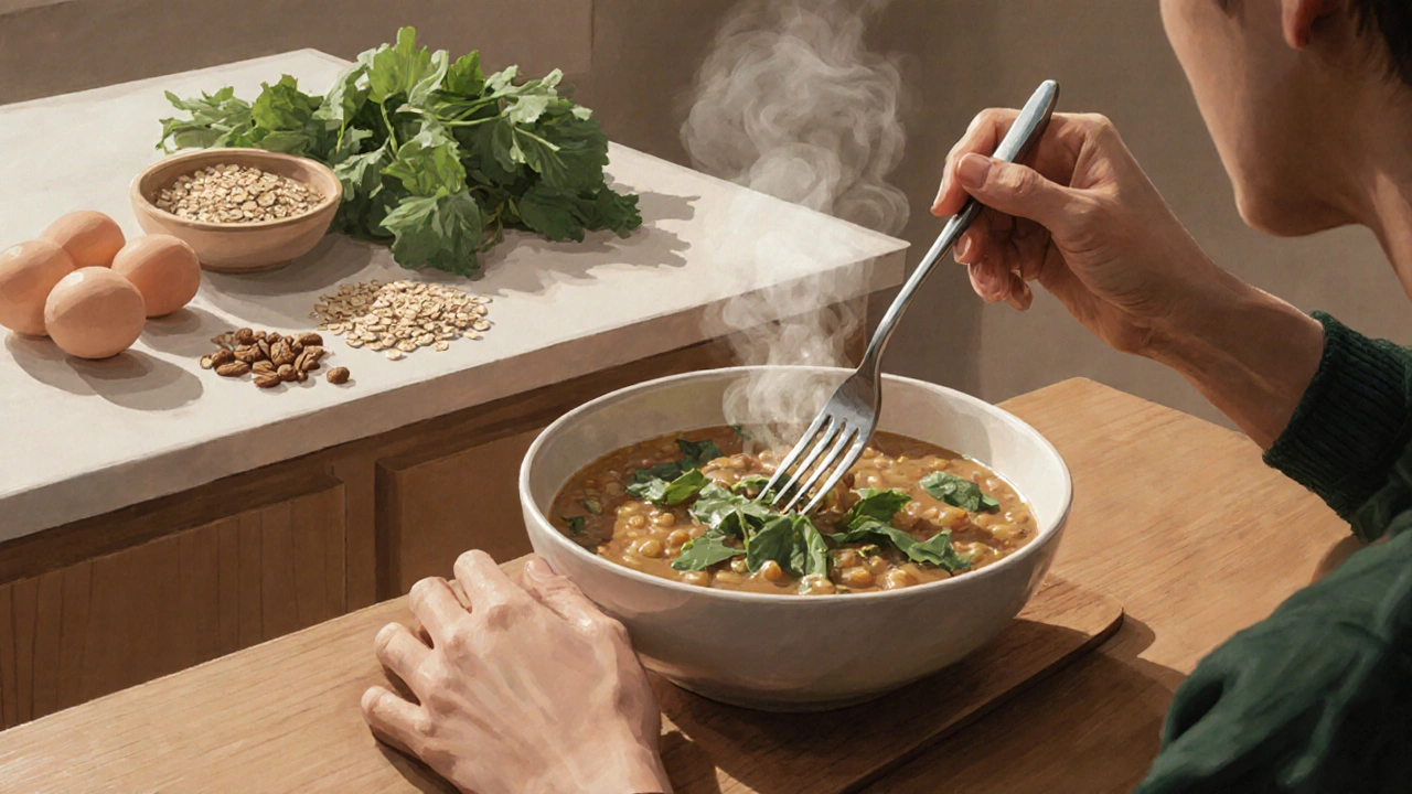 Person isst langsam Suppe mit frischem Gemüse im Morgenlicht