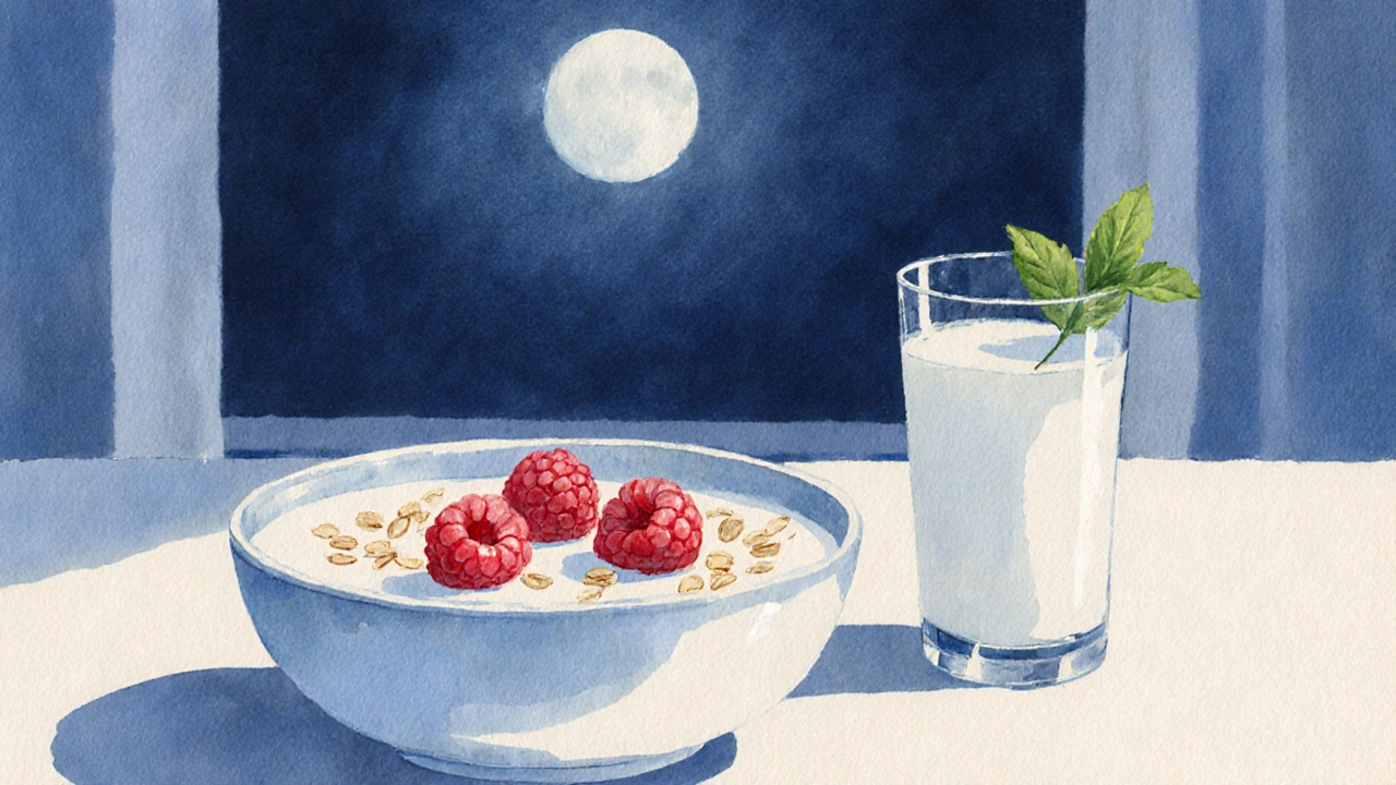 Quark mit Beeren und Haferflocken in einer Schüssel, neben einem Glas Kefir.