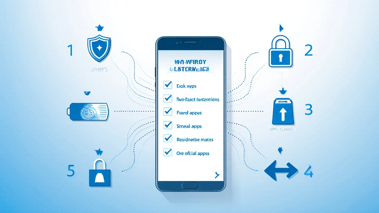 Smartphone surrounded by Sicherheitssymbole wie Schloss, VPN, 2‑FA‑Code.