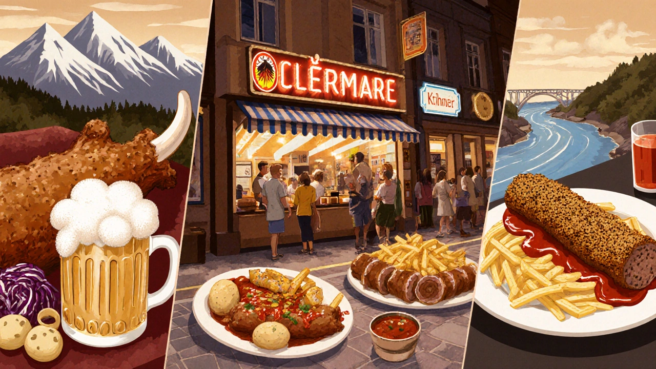 Tisch mit verschiedenen regionalen Gerichten: Schweinshaxe, Currywurst, Käsespätzle, Kohlrouladen.