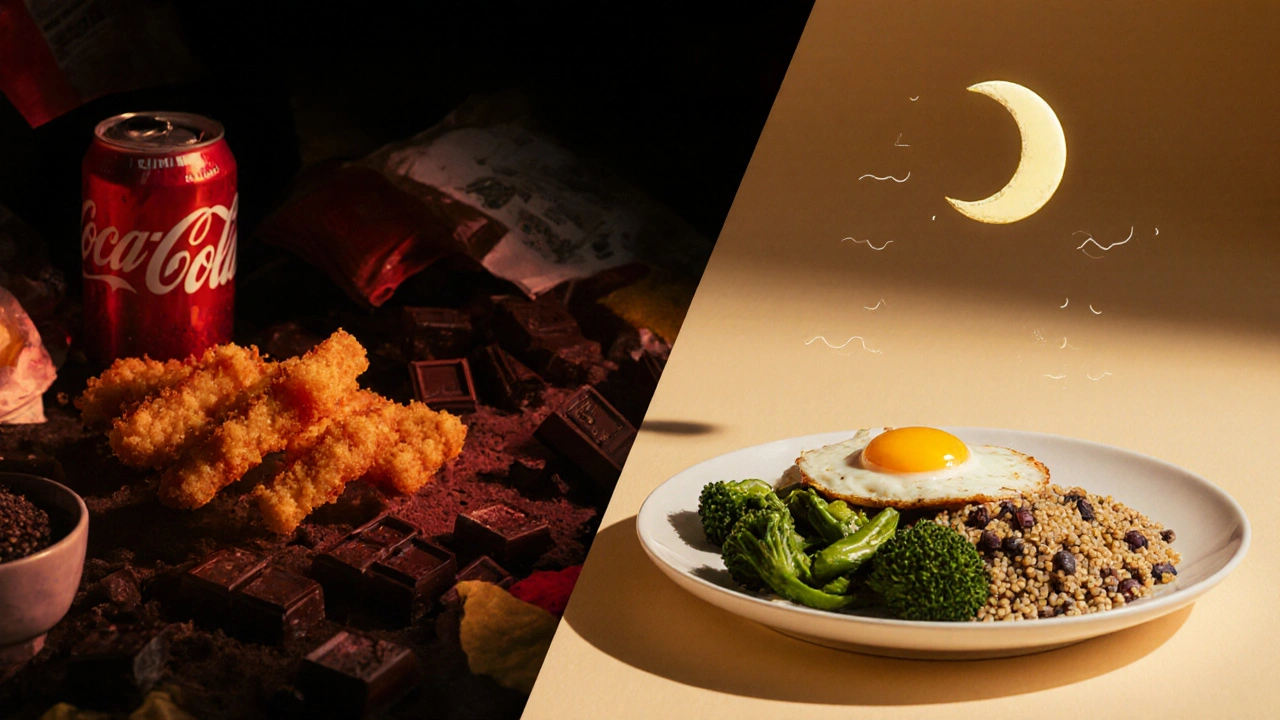 Vergleich: ungesunde Abendessen links, gesunde Mahlzeit rechts mit Mondsymbol.