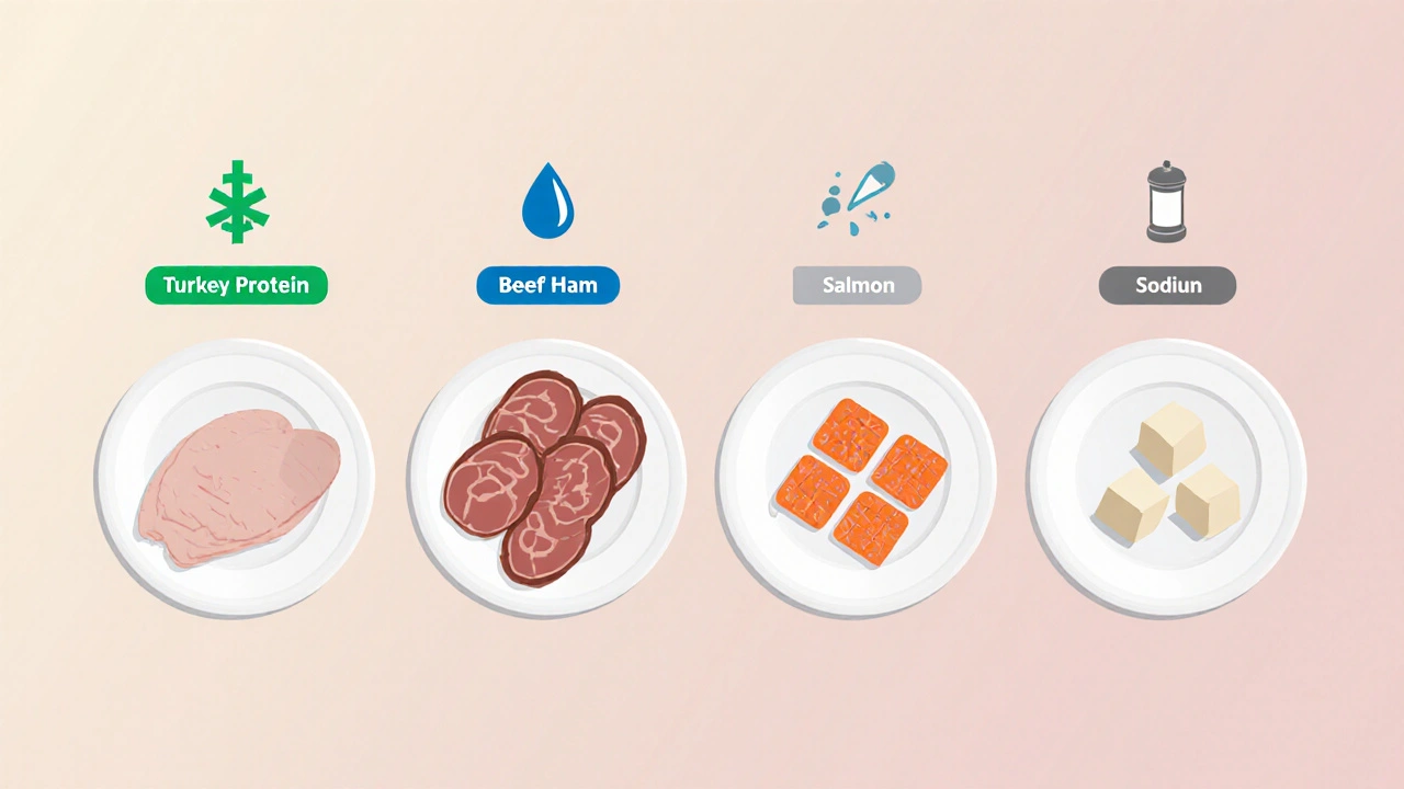 Vier Teller mit Putenbrust, Rinderschinken, Lachs und Tofu, jeweils von Symbolen für Protein, Fett und Natrium begleitet.