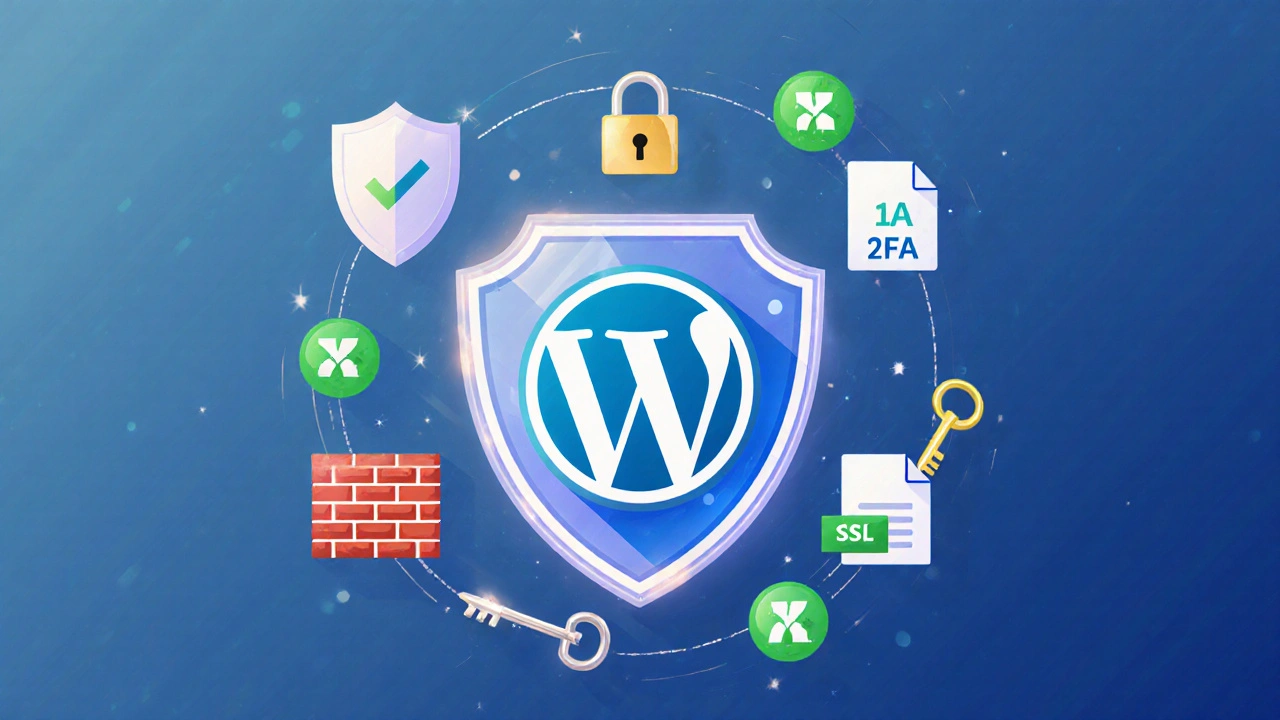 WordPress‑Logo in Schutzschild, umgeben von Sicherheits‑Plugin‑ und SSL‑Symbolen.
