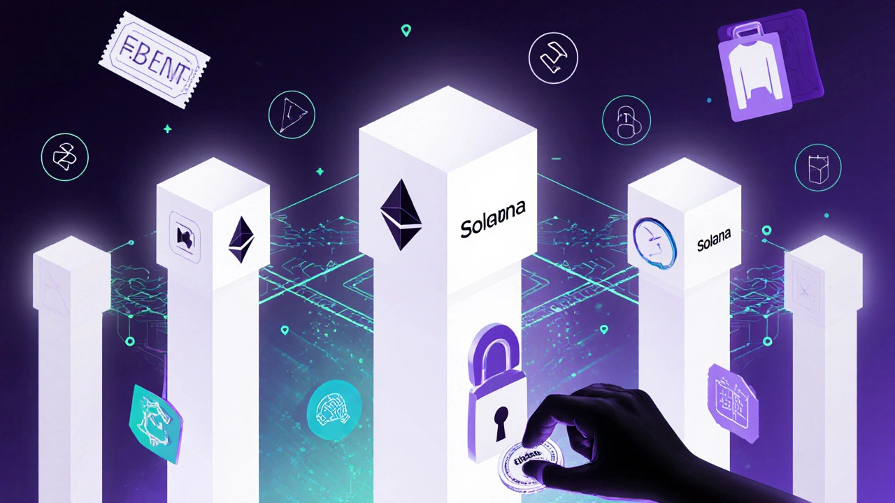 Blockchain-Technologie mit NFT-Anwendungen wie Tickets und digitalen Identitäten in einem klaren, strukturierten Netzwerk.