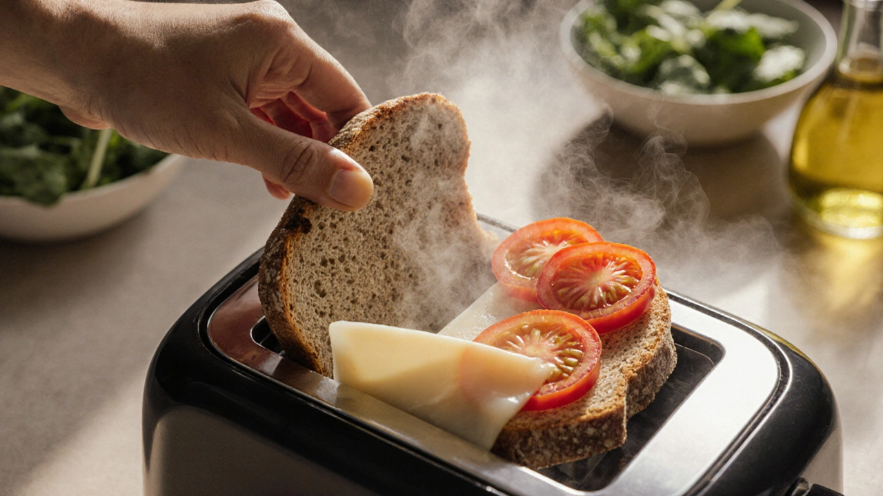 Ein Stück Vollkornbrot mit schmelzendem Käse wird im Toaster gebacken, Dampf steigt auf.