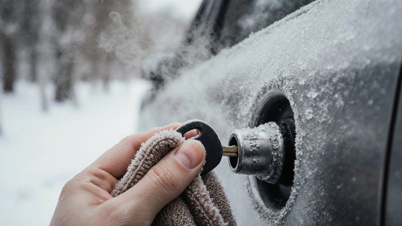 Ein warmer, nasser Lappen wird um einen Autoschlüssel gewickelt, um das Einfrieren des Zylinders zu verhindern.
