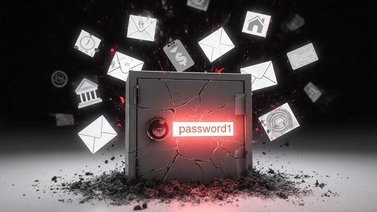 Ein zerbrochener digitaler Safe, aus dem ein unsicheres Passwort herausfällt, während andere Konten verschwinden.