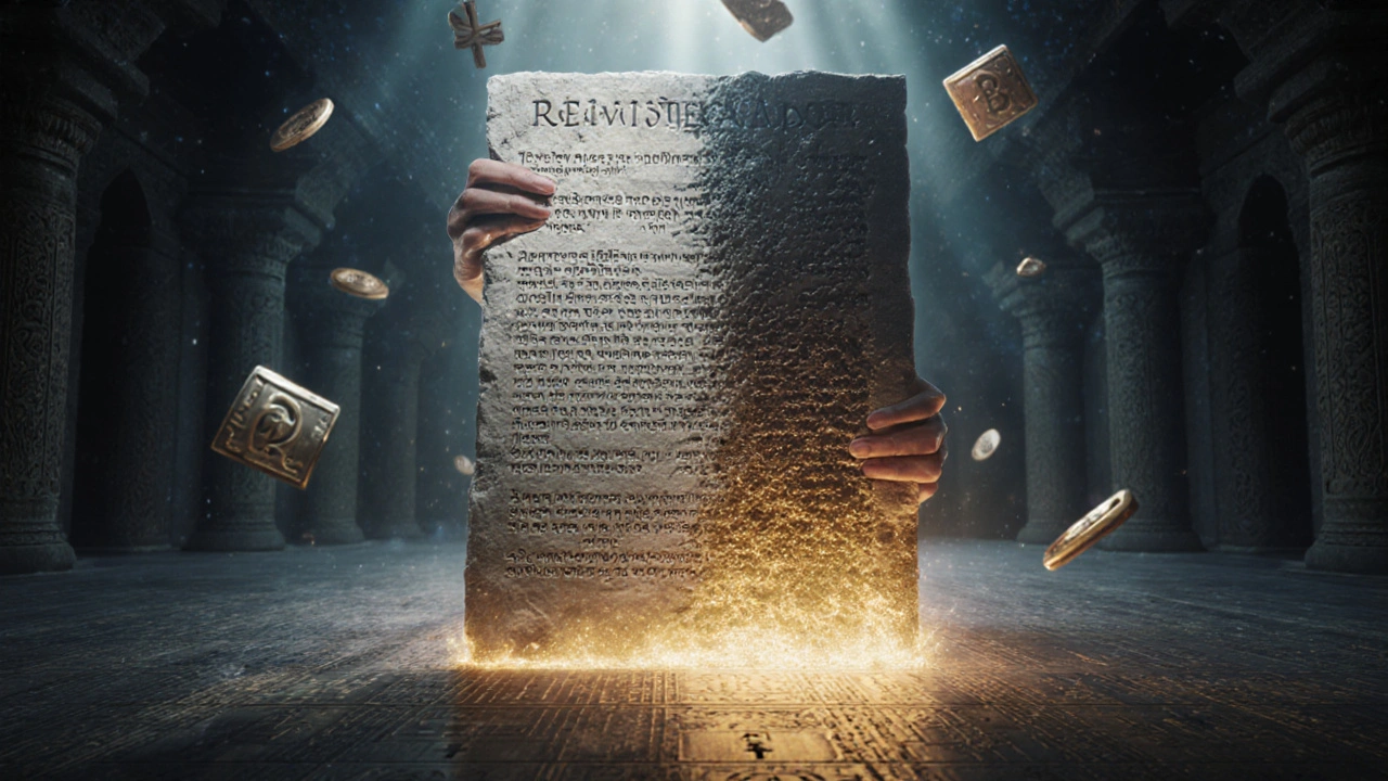 Eine alte Blockchain wird durch unsichtbare Kräfte neu geschrieben, während alte Transaktionen verschwinden.