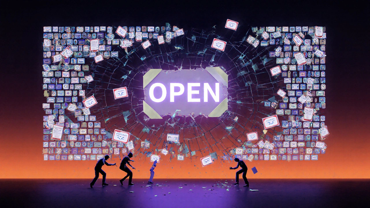 Eine aus tausenden persönlichen Daten bestehende digitale Wand, die unter einem &#039;OPEN&#039;-Schild bricht.