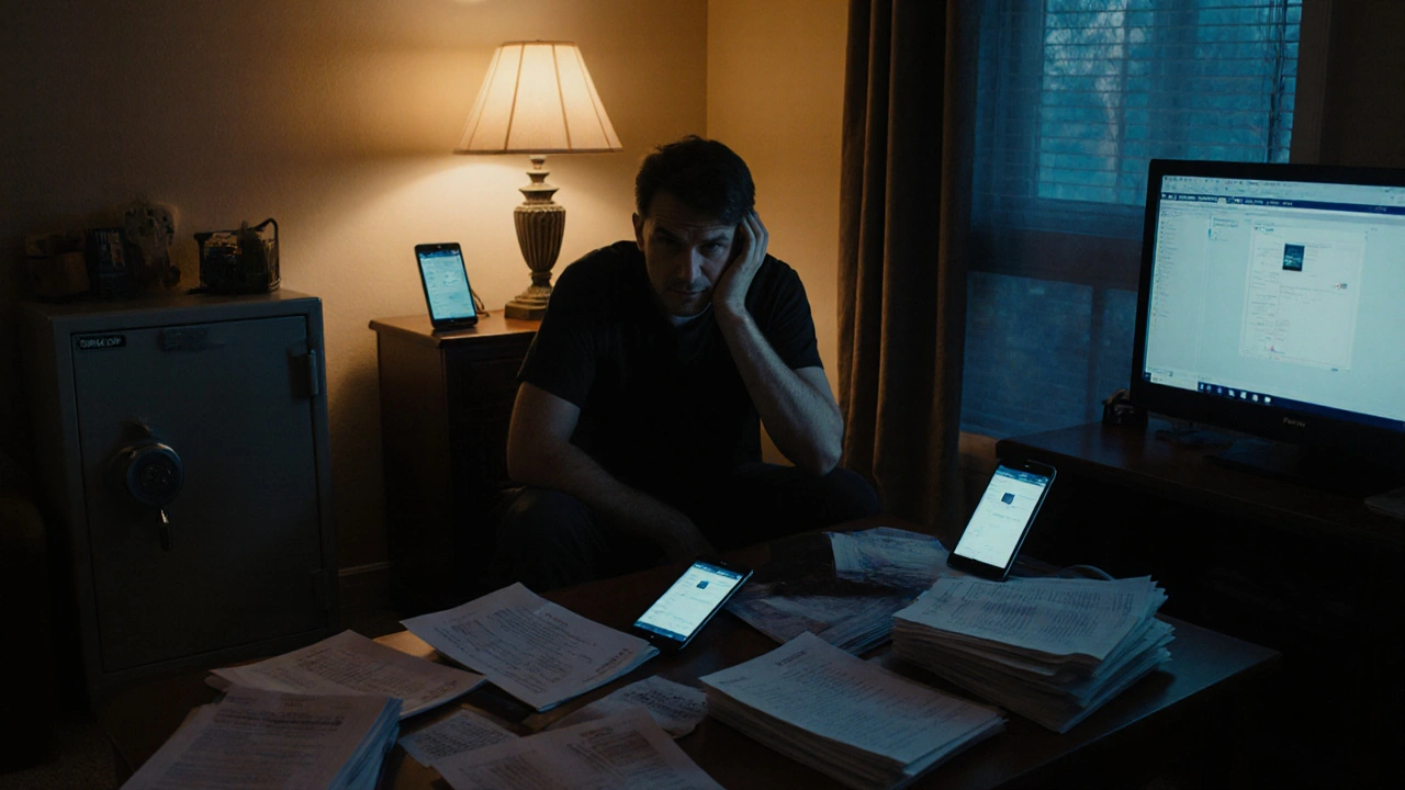 Eine erschöpfte Person sitzt in einem Wohnzimmer, umgeben von Sicherheitsgeräten und Dokumenten, mit nervösem Blick zur Tür.