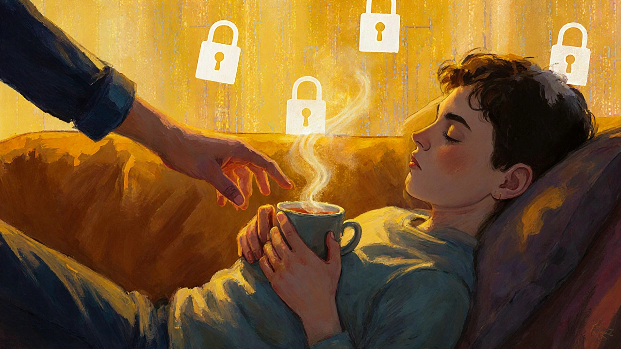 Eine Hand reicht einer Person eine Tasse Tee, während digitale Bedrohungen im Hintergrund in Licht auflösen.