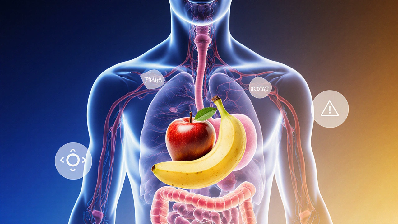 Eine menschliche Silhouette mit inneren Organen, die durch Banane und Apfel mit Nährstoffen gefüllt sind.