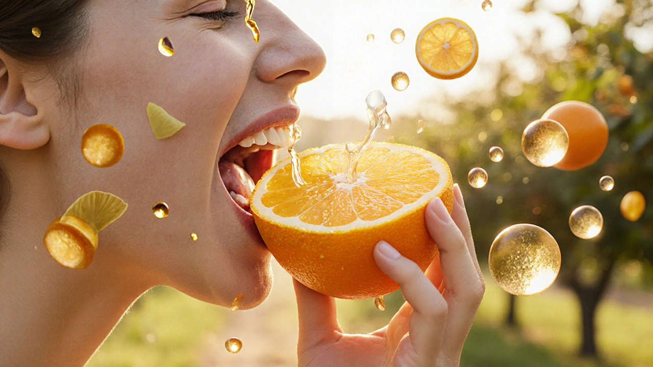 Eine Person beißt in eine Orange, Tropfen fließen in der Luft, sonnige Hintergrundszene