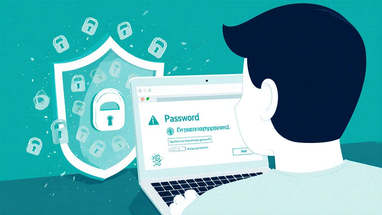 Eine Person, die ihr Passwort ändert, umgeben von einem Schild aus Verschlüsselungssymbolen als Schutz.