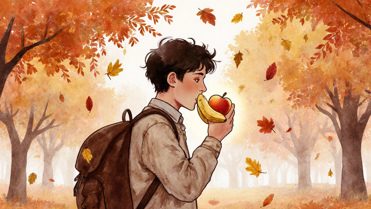 Eine Person isst eine Banane und einen Apfel, während sie durch einen herbstlichen Park spaziert.