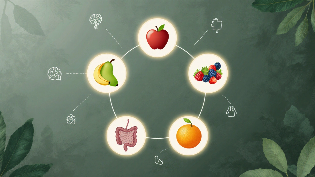 Fünf gesunde Obstsorten in einem Kreis, verbunden mit Symbolen für Herz, Gehirn und Gesundheit