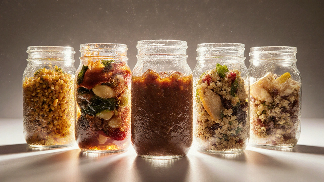 Fünf Gläser mit hitzebeständigen Gerichten: Linsencurry, gefüllte Paprika, Chili, Kichererbsengemüse und Quinoa mit Huhn.