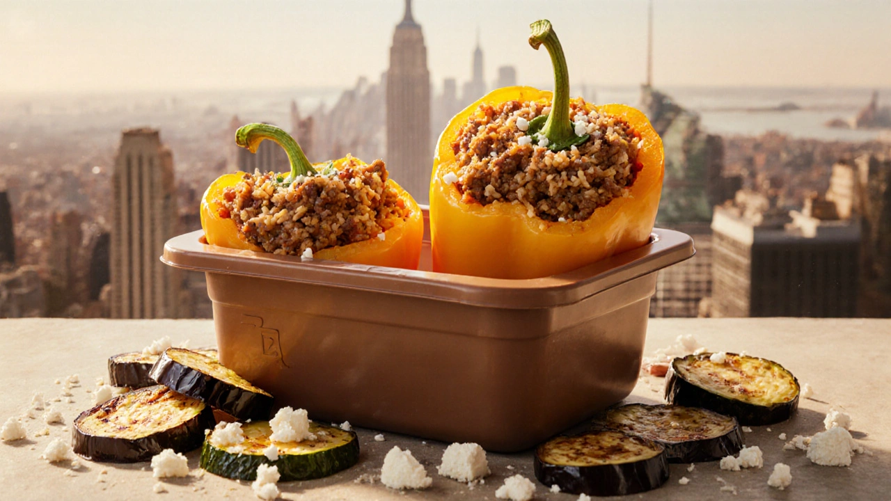 Gefüllte Paprika mit Reis und Hackfleisch, Feta und karamellisiertem Gemüse in einer geöffneten Dose.