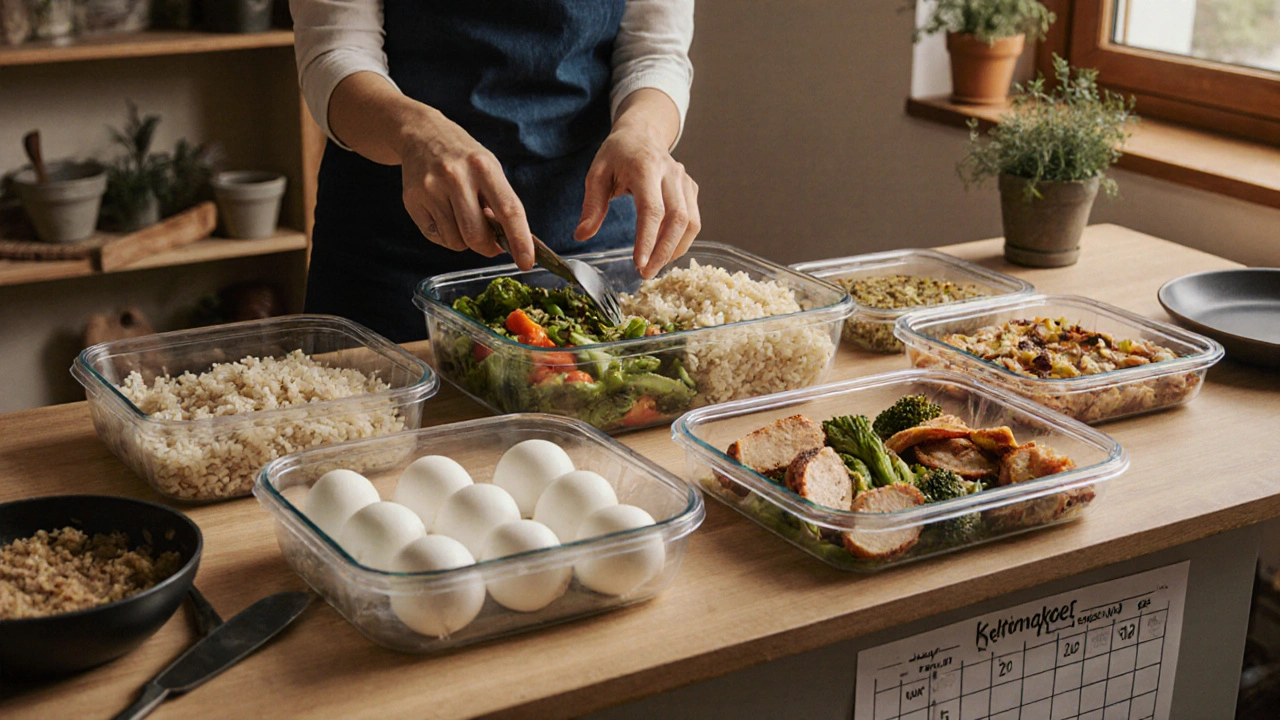 Gekochte Mahlzeiten werden in Gläsern portioniert, um den Mittagsschritt zu vereinfachen.