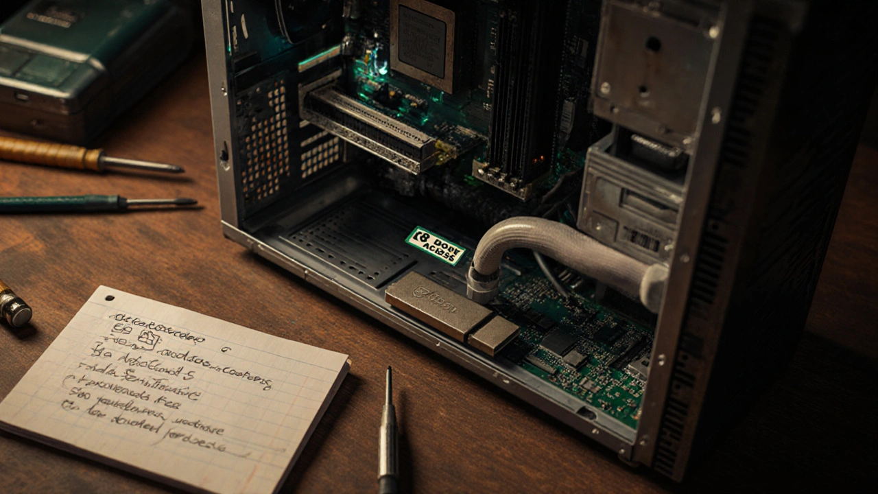 Geöffneter PC mit gekennzeichnetem Kabel und Notizen zur F8-Aktivierung