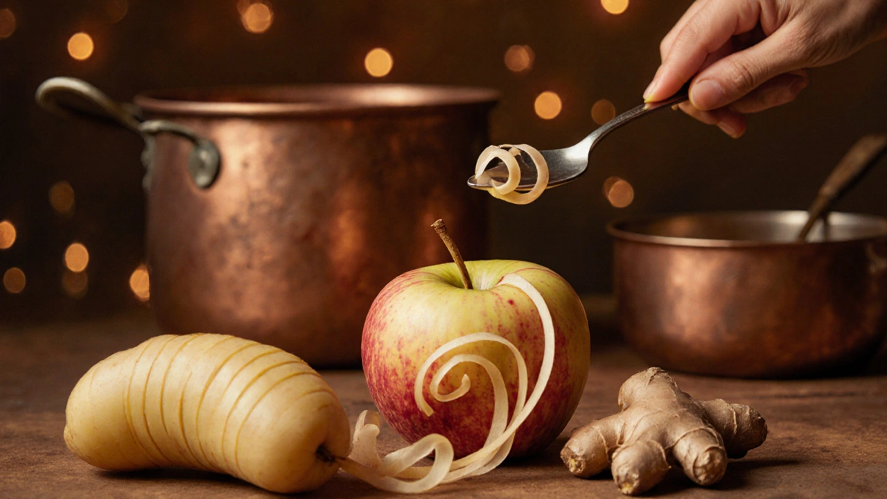 Geschälte Kartoffeln, ein Apfel mit Schalenwickel und Ingwer, der mit einem Löffel geschält wird.