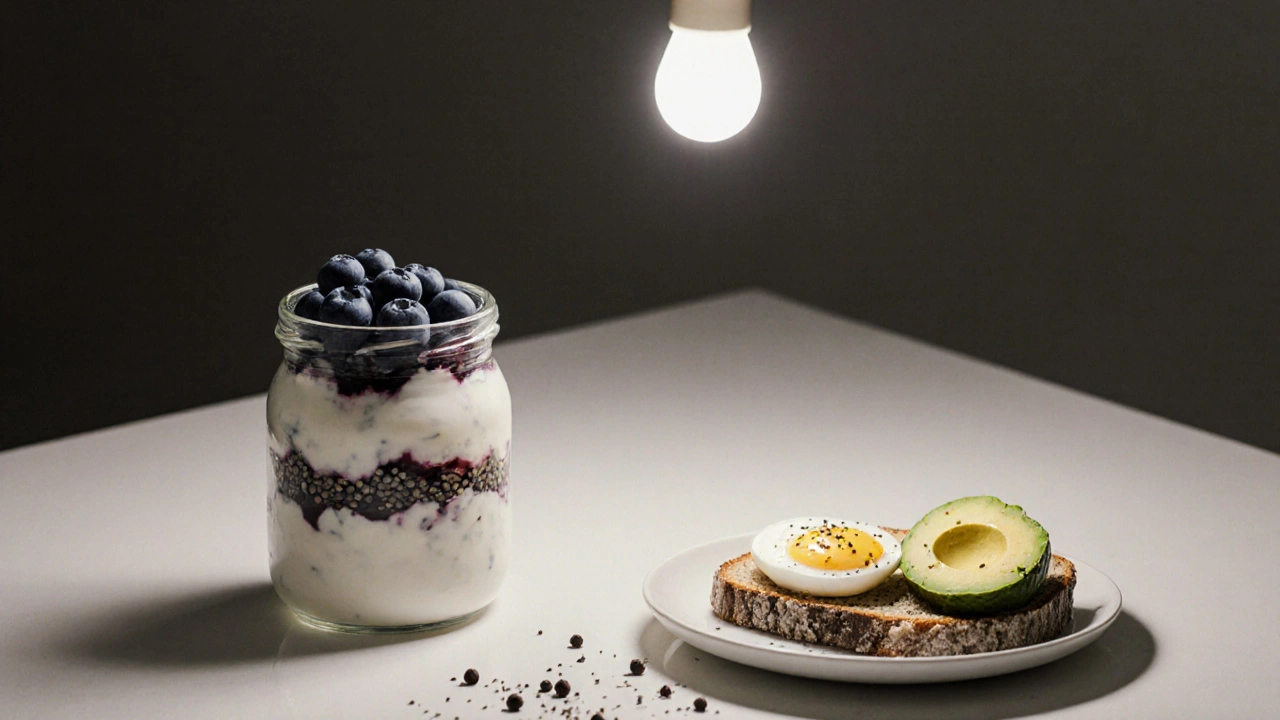 Griechischer Joghurt mit Beeren und Chiasamen neben Vollkornbrot mit Avocado und Ei.