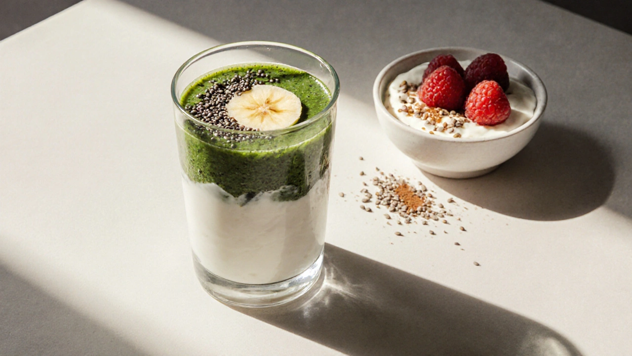 Grüner Smoothie mit Joghurt und Chiasamen neben Quark mit Himbeeren