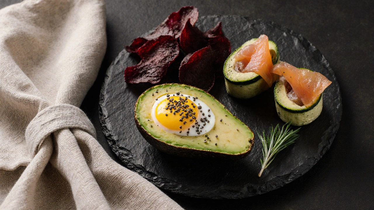 Halbierte Avocado mit Ei und Chiasamen, Zucchini-Röllchen mit Lachs und Rote-Beete-Chips auf dunklem Teller.