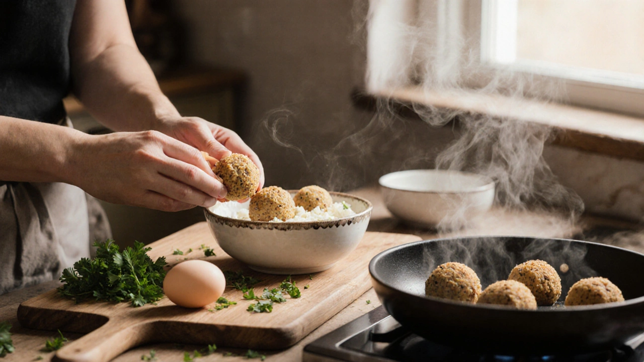 Hände formen goldbraune Eiweißbällchen aus Hüttenkäse in einer Schüssel, Pfanne mit gebratenen Bällchen daneben.
