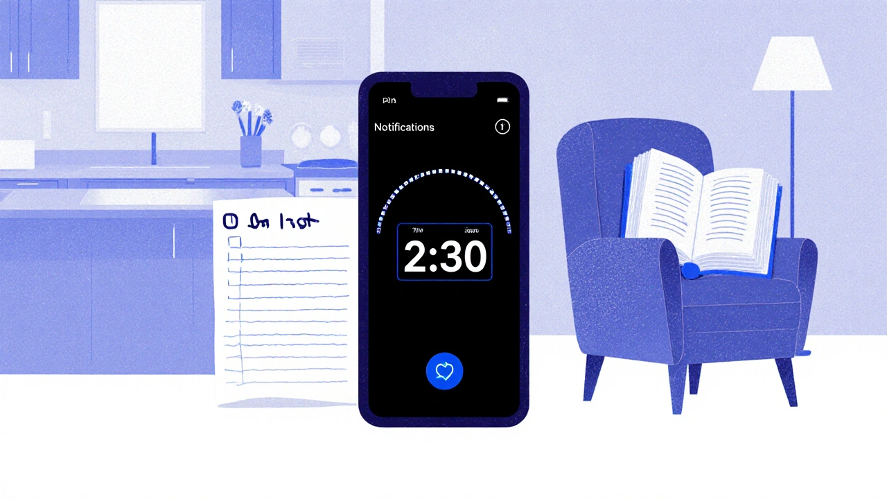 Handy mit deaktivierten Benachrichtigungen und eine kurze To-Do-Liste auf dem Tisch.