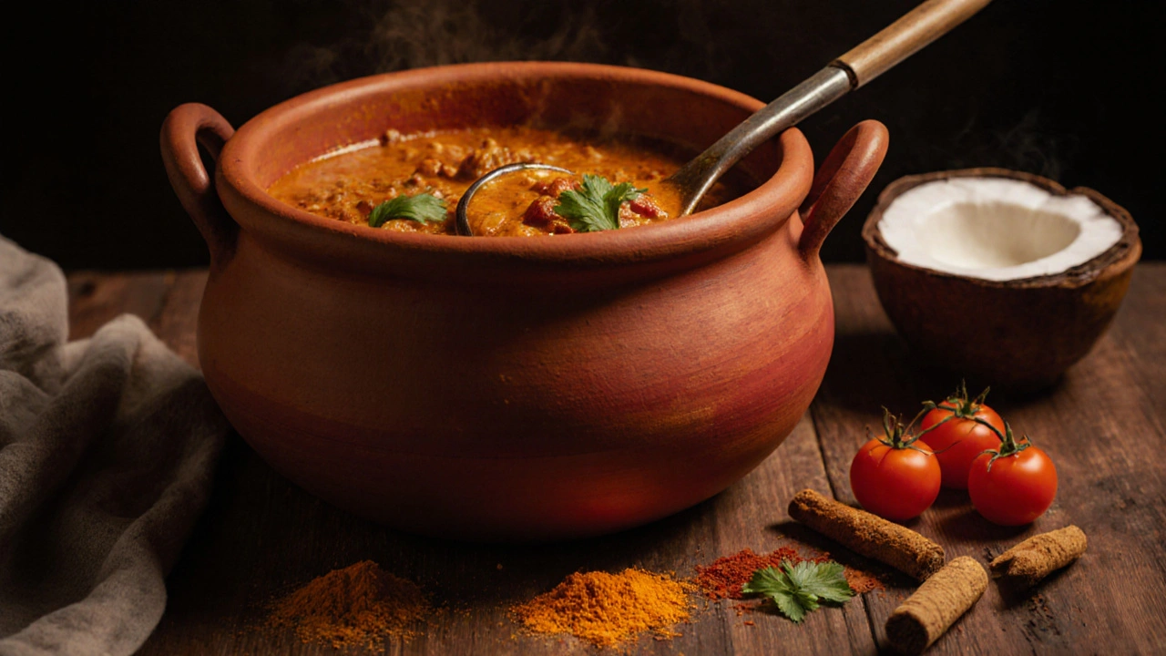 Indisches Curry mit Gewürzen und Kokosmilch auf einer Holzplatte bereit.