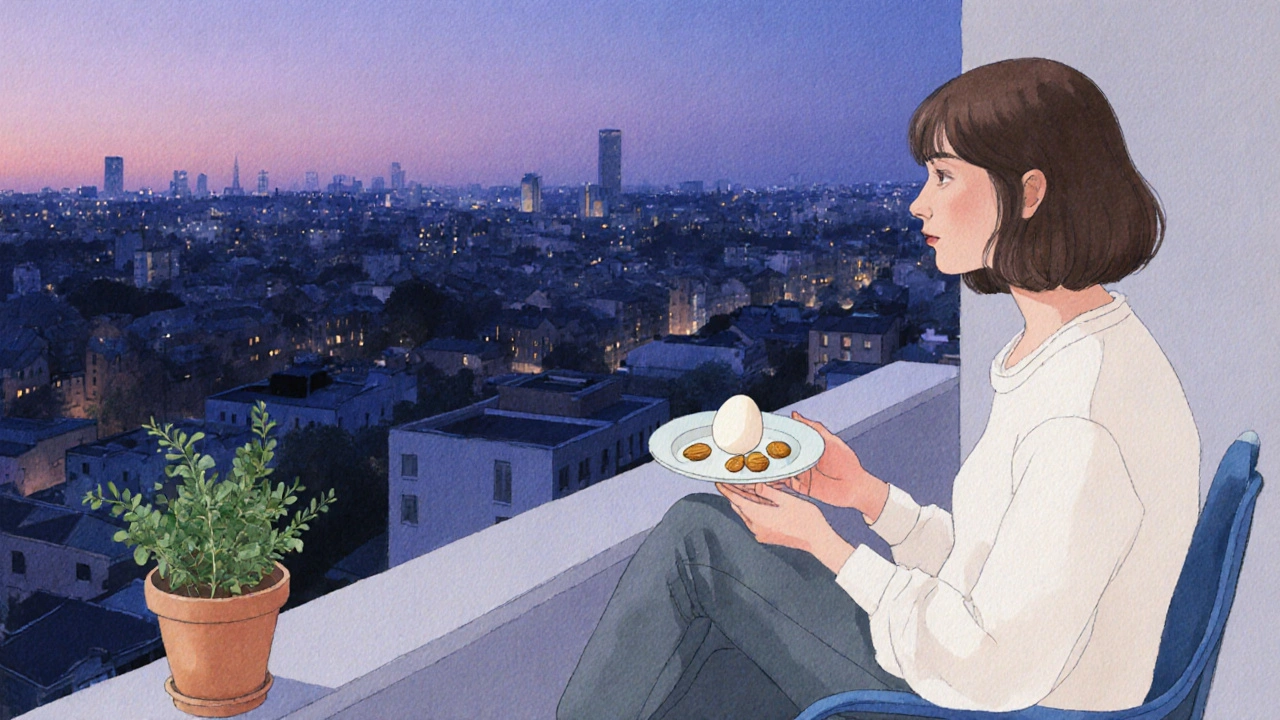 Jemand sitzt abends auf dem Balkon und isst ein gekochtes Ei mit Mandeln.