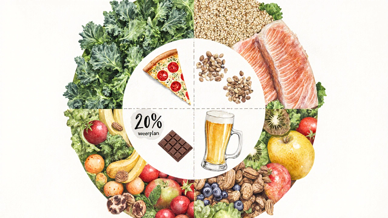 Kreisdiagramm zeigt 80 % gesunde Lebensmittel und 20 % Genussmittel in sanften Farben.