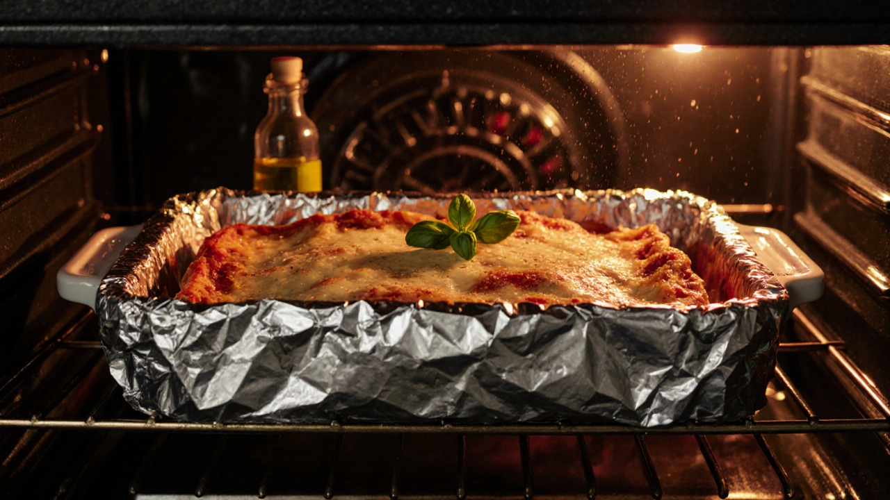 Lasagne im Ofen, mit Folie bedeckt, warmes Licht und Olivenöl daneben.