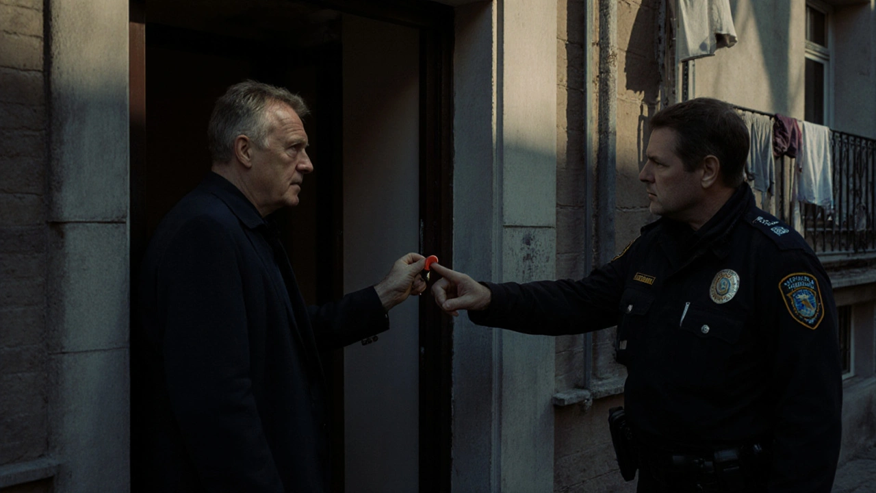 Mann wird von der Polizei wegen eines Magneten an einer Tür befragt.